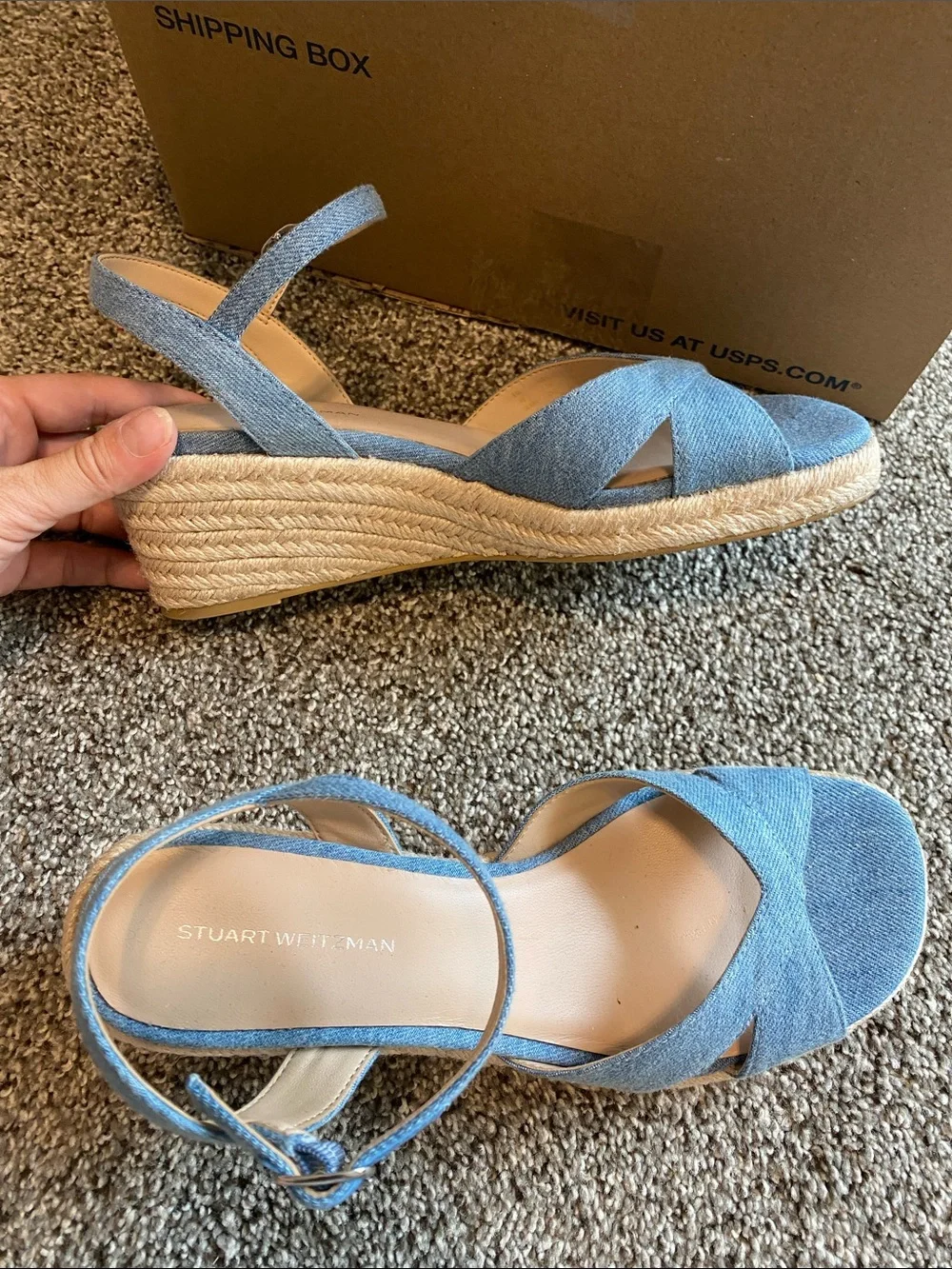 Stuart Weitzman Denim Blue Crisscross Espadrille Wedge Sandals